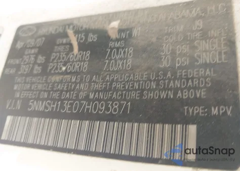 2007 Hyundai Santa Fe Limited/Se из США, поврежденный, VIN 5NMSH13E07H093871